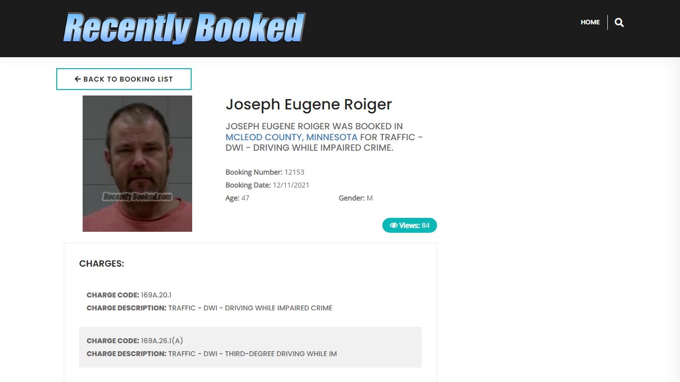 Recent Booking / Mugshot for Joseph Eugene Roiger in ...